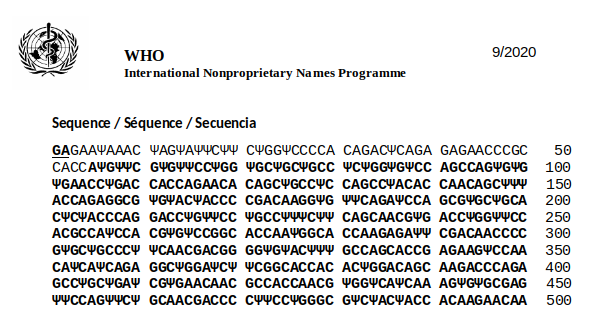 ファイザーのワクチン BNT162b2 の mRNA、最初の500字 (出典 : WHO)